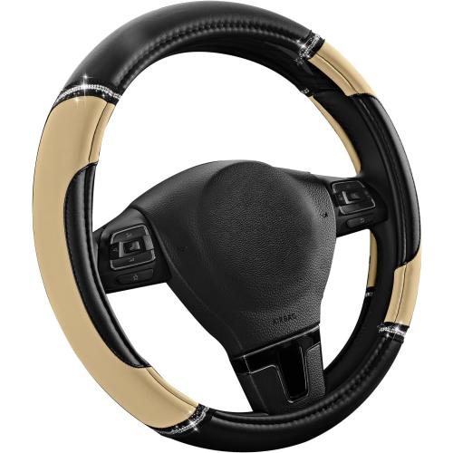 Road Comforts Leather Steering Wheel Cover - Made with PVC Leather - Anti-Slip, Universal Fit 14 1/2 inches to 15 inches - Beige