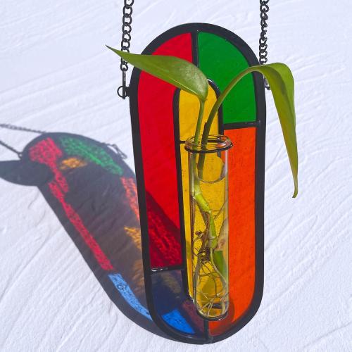 LITMIND Hanging Planter Terrarium with Vibrant Stained Glass Suncatcher Elements, Hydroponic Mini Plants Propagation Station - Perfect for Home & Garden Decor, Includes 2 Glass Propagation Tube