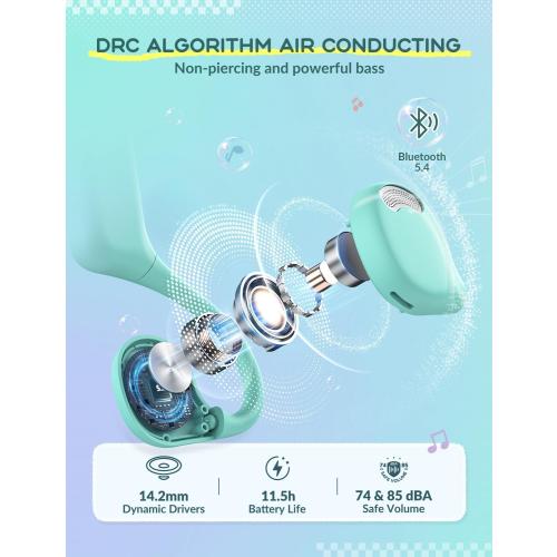 iClever Kids Headphones, Bluetooth 5.4 Air Conduction Open Ear Headphones, Safe Volume 74&85 dBA, Clear Audio, 360° Bending, Ultra-Light Comfortable Kids Wireless Headphones for iPad/Travel/Sports