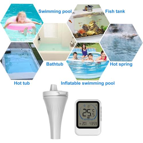 Pool Thermometer with Temperature Sensor for Pool Fish Tank Bathtub Swimming Pool 12/24-Hour Time Format Record Highest Lowest Outdoor Temperature℃/℉ switchable