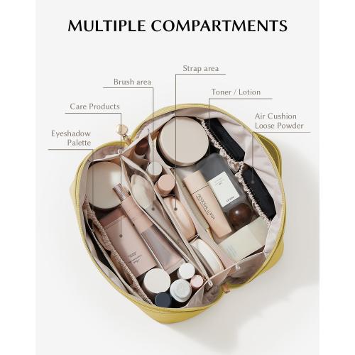 EACHY Travel Makeup Bag, Large Capacity Cosmetic Bag for Women, Waterproof PU Leather, Flat Open Portable Toiletry Bag for Skincare, Brushes & Travel Essentials