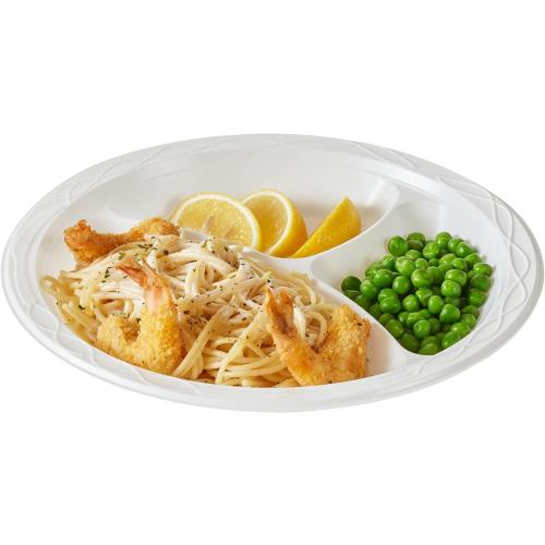 Restaurantware-RW Base 10.4 Inch Microwavable Food Plates, 150 Round Plastic Plates - 3 Compartments, Disposable, White Plastic Dinner Plates, Serve Hot And Cold Foods, For Restaurants And Cafes