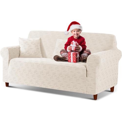 TAOCOCO Stretch Sofa Covers for 2 Cushion Couch, 1Piece Non Slip Sofa Slipcover Washable with 2PCS Throw Pillow Covers, Jacquard Furniture Protector for Pets Dog(2 Seater,Beige)