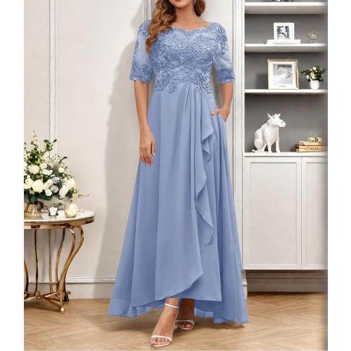 Size L Women's Half Sleeves Mother of The Bride Dresses for Wedding Lace Appliques Ruffled Chiffon Formal Evening Gowns