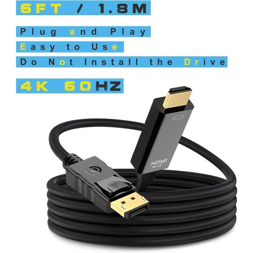 4K 60Hz Displayport to HDMI Cable 6ft, NOT HDMI to Displayport Adapter, Display Port to HDMI Cable 6feet for Dell Lenovo HP Laptop Desktop PC Monitor TV GPU NVIDIA AMD, DP to HDMI Adapter Cord Black