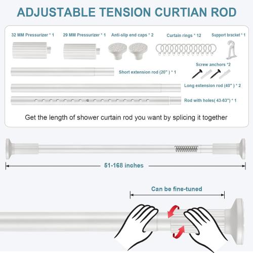 ZOCONE Tension Curtain Rod 51-168 In (4.25-14 Ft), Extra Long Outdoor Curtain Rod for Patio, Shower Curtain Rod No Drilling for Bathroom Windows, Heavy Duty Garland Tension Rod Renter Friendly, White