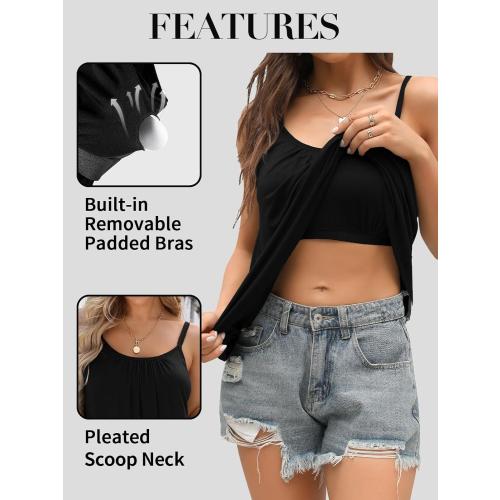 SIZE LARGE Women Built-in Bra Camisole Adjustable Strap Tank Top Summer Loose Fit Cami Shirt