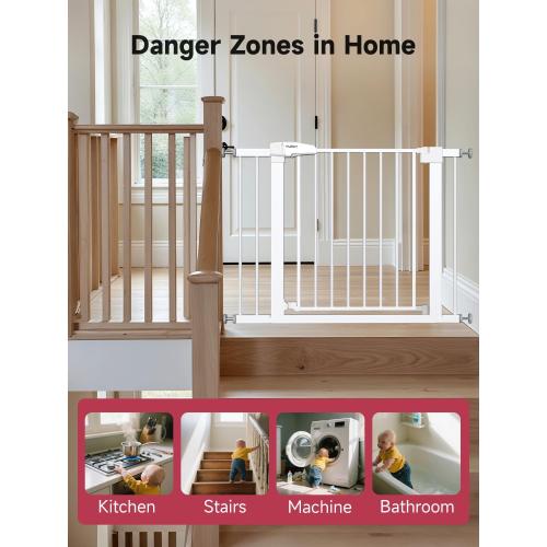 Baby Gate for Stairs, 29.5-40.5 Dog Gate for Doorways, Walk Thru Auto Close Metal Child Gate for The House, Stairs and Doorways, Pressure Mounted Pet Gate for Dog Indoor (White)