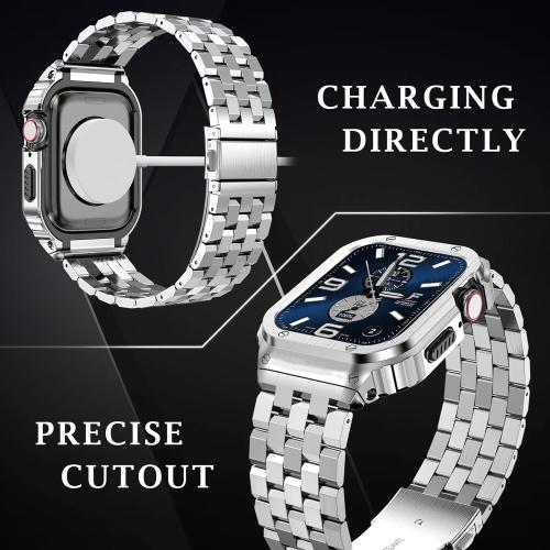 SUPLINK Stainless Steel Case and Band Compatible with 45mm Apple Watch Bands for Men, Metal Rugged Protective Bumper for iWatch Apple Watch Series 9 8 7 Band, Silver