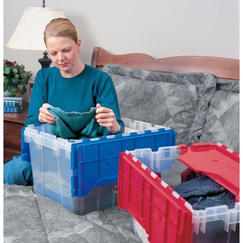 Storage Container, Nesting and Stackable Plastic Storage Box with Lid Attached, Clear Tote for Garages, Closets, and Moving,