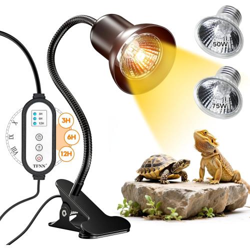 Reptile Heat Lamp, Heat Lamp with Clamp, UVA UVB Reptile Light with Intelligent Cycle Timer for Turtle, Bearded Dragon, Lizard and More, 2 Bulbs 50W 75W