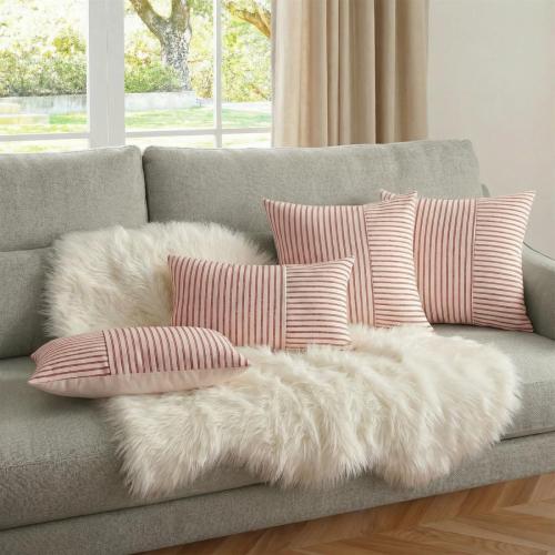 Set of 2 18x18 YCOLL Christmas Pillow Covers 18x18, Boho Throw Pillow Covers Set of 2, Red and Cream Striped Linen Decorative Pillows Cushion Covers for Couch Bedroom Christmas Decorations