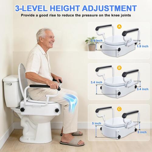 Raised Toilet Seat with Handles, 3 Heights (2/3.5/5 inch) Adjustable, Toilet Seat Riser for Seniors After Hip/Knee Surgery, 300lbs, Fits Round Toilet, with Lid, White | Adjustable Height