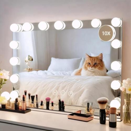 Vanity Mirror with Lights Lighted Makeup Mirror with 15 Dimmable LED Bulbs 3 Color Lighting Modes USB Charging Port Touch Control Sturdy Metal Frame Design White