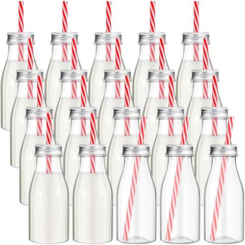Yinkin 8 oz Clear Plastic Containers Plastic Milk Bottles Red White | 20 Set, with Straws, Metal Lids, for Dairy Milk, Party Bottle, for Juices, Shakes, Smoothies
