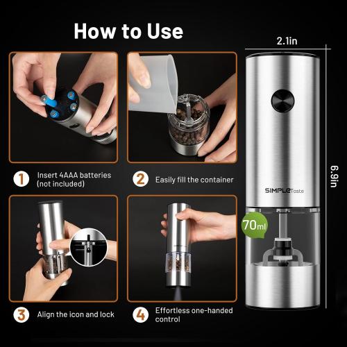 SIMPLETASTE Electric Salt and Pepper Grinder Set Automatic One Handed, Stainless Mill Shakers with Lights and Adjustable Coarseness, Battery Operated