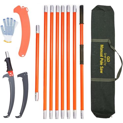 27FT Manual Pole Saw, Tree Branch Trimmer with 8-Section Fiberglass Handle, Sharp Steel Blade, Lightweight Extendable Design for High Branch Trimming, Orange