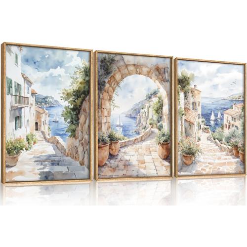 LHIUEM Watercolor Italy Coast Framed Canvas Wall Art,Modern Europe Countryside Wall Decor,Seascape Painting,Neutral Mediterranean Artwork for Living Room,Bedroom,Dining Room -16x24x3