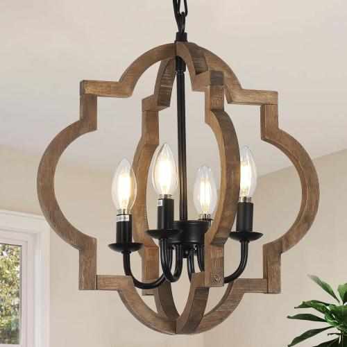 Farmhouse Chandelier Light Fixtures, 4-Light Dining Room Light Fixtures Over Table, Solid Wood Chandeliers for Dining Room, 15.7“ Brown Rustic Chandeliers for Living Room Kitchen Island Bedroom Foyer