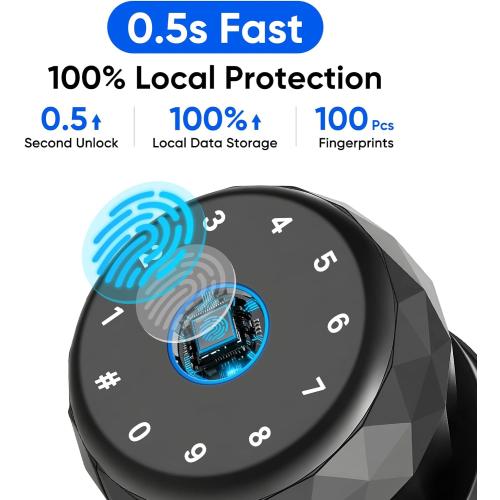 Smart Door Knob Fingerprint Door Lock with Keypad, Keyless Entry Deadbolt for Front Door, Smart Auto Lock Deadbolt with Phone/Watch App Control, Biometric Fingerprint Gate Knob with 6 Ways to Unlock