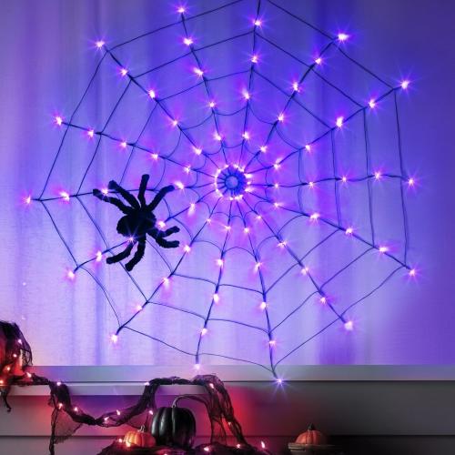 Orange & Purple EAMBRITE Halloween Spider Web Lights with 84LED Orange/Purple Lights, Light up Cobweb with Black Spider, Halloween Decorations for Room Proch Window Garden Indoor and Outdoor