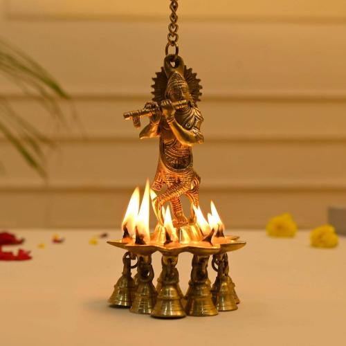 LOVENSPIRE Brass Krishna Wall Hanging Diya with Bells & Chain Krishna Hanging Idol Oil Lamp Home Temple Mandir Office Diwali Decor Kathu Vilakku Puja Diyas - Deepawali Housewarming Return Gifts