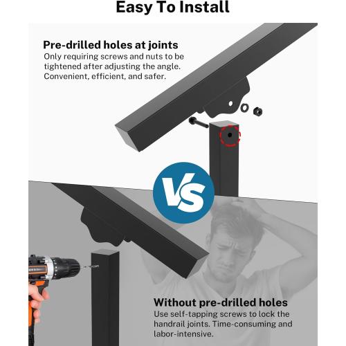 Hand Rails for Outdoor Steps, 3 Step Handrail, Stair Railing Indoor, Hand Rails for Indoor Stairs & Wrought Iron Handrails for Outdoor Steps for Porch/Deck, Black