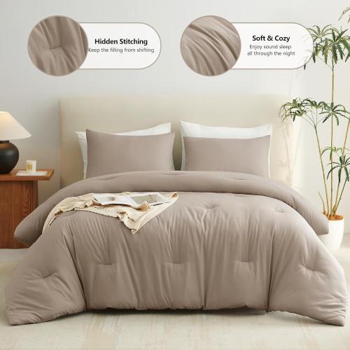 CozyLux Queen Comforter Set Khaki, 3 Pieces Lightweight Comforters Queen Size Quilted Bedding Sets, All Season Breathable Solid Down Alternative Comforter with 2 Pillowcases, Bed Set Gift for Home