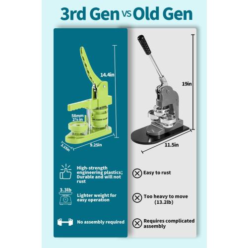 Button Maker Machine 58mm - (3rd Gen) Installation-Free 58mm(2.25in) DIY Pin Badge Button Maker Press Machine Badge Punch Press with Free 100pcs Button Parts&Pictures&Circle Cutter&Magic Book