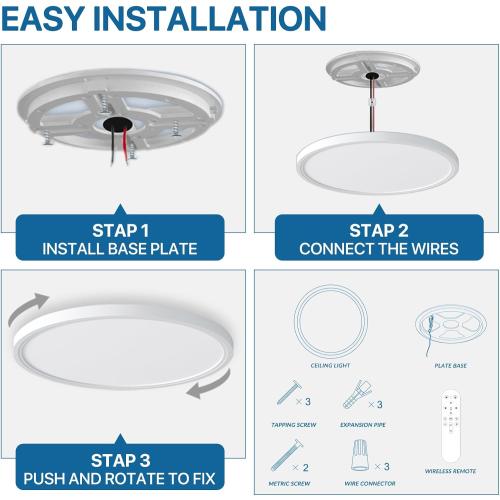 2Pack 12 Inch LED Flush Mount Ceiling Light Fixture with Remote Control, Dimmable 2000K Warm Night Light for Bedroom, 24W 3000K-6500K Color Adjustable Hardwire Lamp for Hallway, Memory Function, White