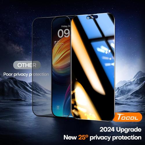 TOCOL for iPhone 15 Pro Privacy Screen Protector 9H  Hardness Tempered Glass Full Coverage Screen Protector Easy Installation 2 Pack