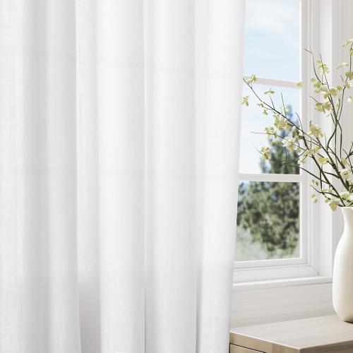 White Linen Curtains 90 Inch Length 2 Panels for Living Room Bedroom, Light Filtering Sheer Curtains 90 Inches, Elegant Modern Grommet Semi Sheer Soft Privacy Drapes