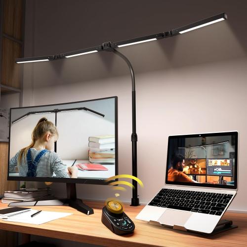 Adjustable LED Desk Lamp – Stepless Dimming & Color Temp Remote Control, Eye-Caring 4 Large Bright Light Souce for Home Office, Flexible Neck, Clamp Base, 5 Lighting Modes for Reading, Computer, DIY