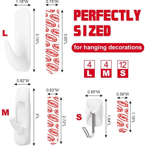 20 Hooks for Hanging Variety Pack,Adhesive Wall Hooks Heavy Duty with 20 Stirps,no Damage Large midium Small Sticky Utility Hooks for Outdoor、Tower、Keys