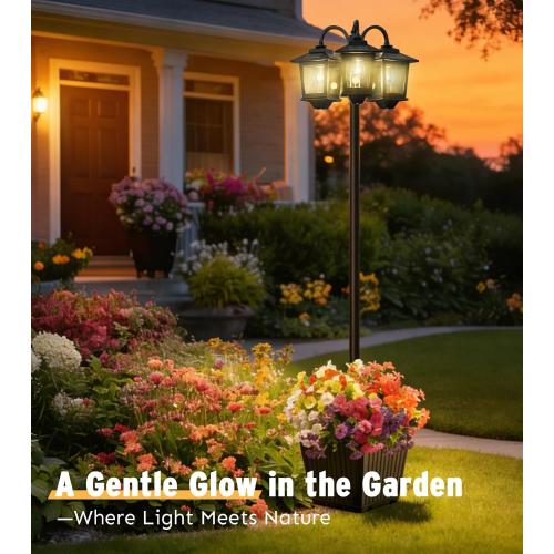 3-Head Solar Lamp Post with Planter, 74 Solar Lamp Post Light | Garden Decor, 2 Extra Bulbs, Warm 3000K Glow, IP44 Water-Resistant, Aluminum Pole & Base, Solar Light Posts for Outside
