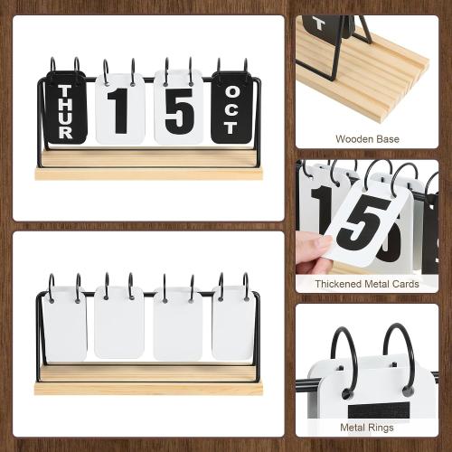 Metal Desk Calendar Standing Flip with Wooden Base, Daily Perpetual Flip Calendar with Large Display, Modern Farmhouse Desktop Calendar for Home Office Decor, Reusable and Foldable