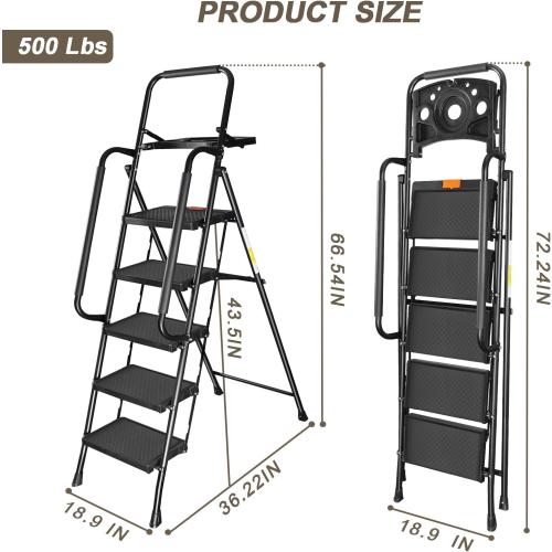 Valeo 5 Step Ladder with Handrails,500 Lbs Capacity,Folding Step Stool Ladder with Tool Platform,Wide Anti-Slip Pedal,Step Ladder 5 Step Folding,Multi-use for Home,Kitchen,Office,Black