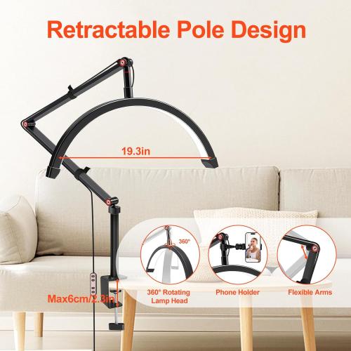 Professional LED Desk Lamp, Half Moon Light for Desk with Clip&Phone Holder, Esthetician Light with Adjustable 10-Level Dimming & 3 Color for Work,Office,Makeup,Nail Salon,Tattoo,Craft (Black)