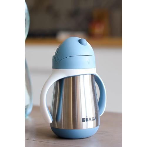 Beaba Stainless Steel Straw Sippy Cup, Insulated Toddler Cups Spill Proof with Removable Handles, Made with High Grade Stainless Steel, 8  months, 8.5 oz (Rain)