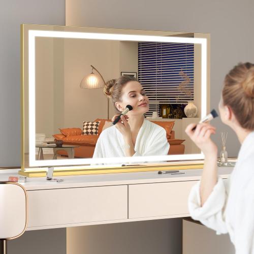 Hasipu Vanity Mirror with Lights, 23 x 18 LED Makeup Mirror, Lighted Makeup Mirror with Dimmable 3 Modes, Touch Screen Control Vanity Mirror Square Gold