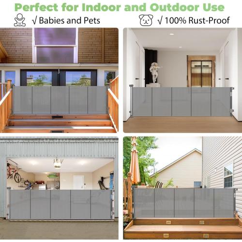 96 Inch Wide Reinforced Retractable Dog Gate with Support Rods - Prevent Crawling Under, Extra Long Retractable Baby Gate Large Dog Gate Indoor/Outdoor Retractable Pet Gate, Gray