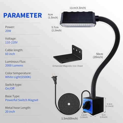 Magnetic Work Light, 2000 Lumens Led Machine Light with Strong Magnetic Base, 20 inch Flexible Magnetic Lamp for Garage, Workshop, Bandsaw, Lathe and Drill Press, 120V, Black