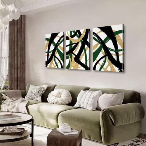 3Pcs Framed work Abstract Lines Canvas Wall Art Modern Black, Green, Gold Geometric Brushwork Prints Posters Abstract Line Images Framed gallery packaging artwork for living room prints, bedroom, office, and home decor 12X16Inch