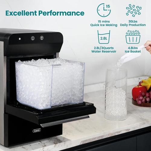 Gevi V2.0 Countertop Gemi Nugget Ice Maker | Self-Cleaning Pellet Ice Machine | Open and Pour Water Refill | Stainless Steel Housing | Fit Under Wall Cabinet | Black