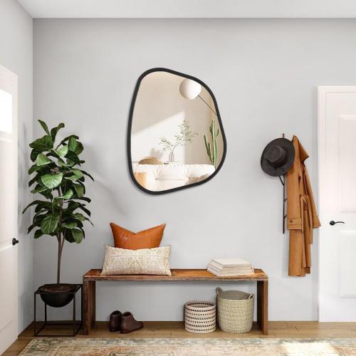Black Asymmetrical Wall Mirror Large 20x16 Irregular Oval Mirror Modern Wood Frame Unique Shape Wall Mounted Vanity Artistic Mirrors Decorative for Living Room Bedroom Bathroom Hallway