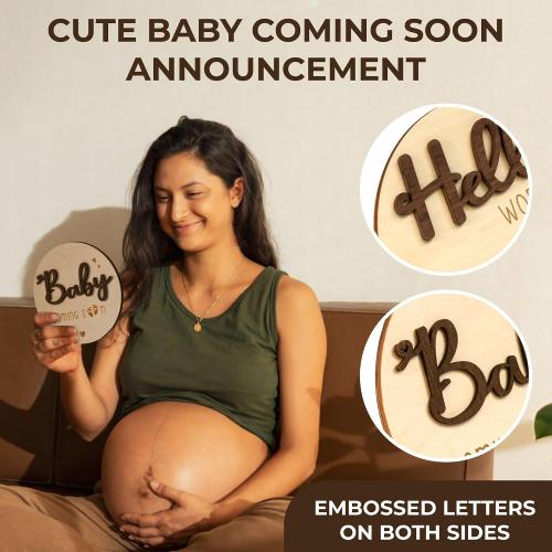 Baby Coming Soon Announcement - Wooden Double-Sided Pregnancy Sign for Hospital, Welcome Hello World Newborn, Name Birth