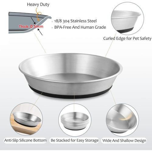 Stainless Steel Cat Bowls,Whisker Friendly Shallow Cat Dishes for Food and Water,Non-Slip Silicone Bottom,Heavy Duty,Replacement Kitten Metal Plate for Elevated Stands,2 Pack