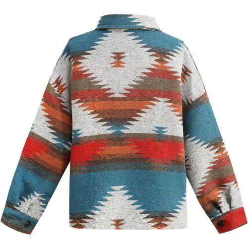 Size Medium Color Multi Women's Vintage Aztec Print Pattern Loose Shacket Button Down Long Sleeve Woolen Jacket Shirts Coat