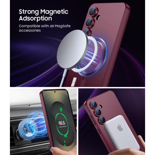 Magnetic for Samsung Galaxy S25 Plus Case [Compatible with MagSafe][Built-in Camera Lens Protector] Slim Soft Silicone Bumper Shockproof Metallic Luster Phone Shell (Burgundy)