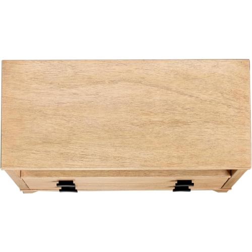 (LEGS IN TOP DRAWER) East at Main Ezra Large 2-Drawer Nightstand – Warm Brown Solid Bayur Wood Bedside Table with Open Shelf, Black Hardware & Angled Legs – 34” W x 15” D x 29.5” H